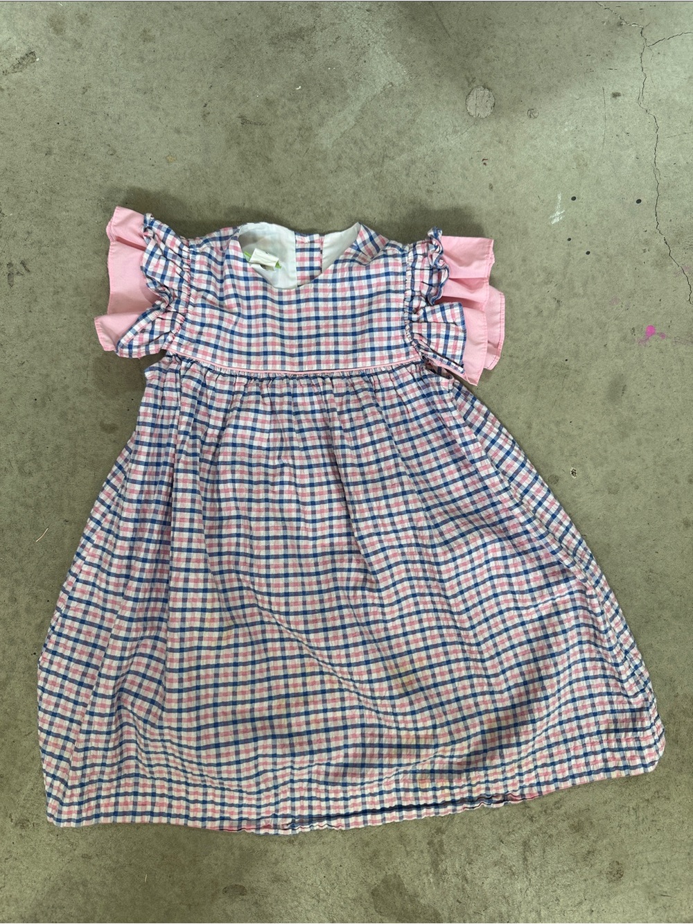 Classic Whimsy Pink and Blue Plaid Girls' Dress with Ruffled Sleeves
